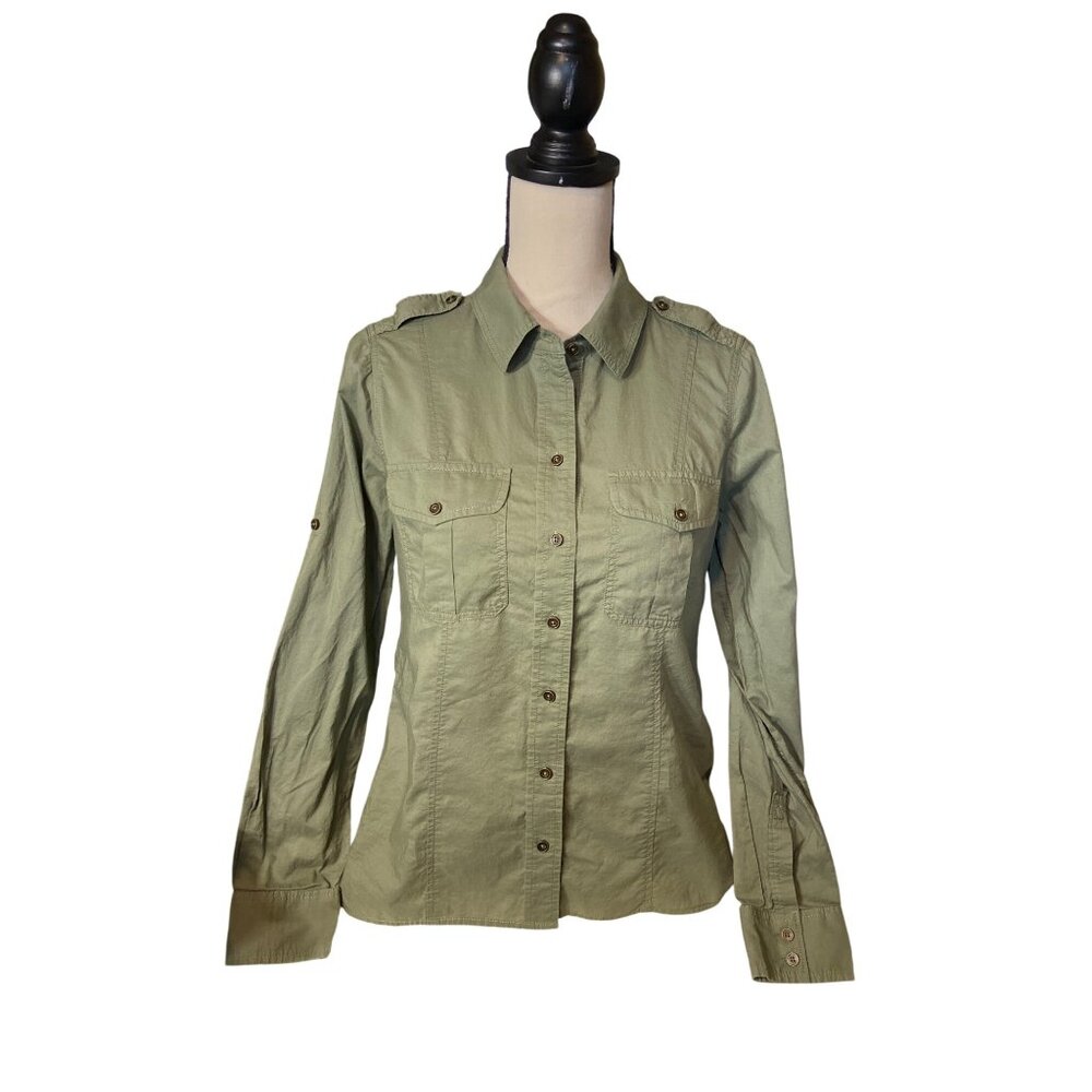 White House Black Market Womens Shirt Size 4 Olive ButtonUp Long Sleeve Military